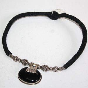 VINTAGE BALI 925 STERLING SILVER BIG ONYX CABOCHON PENDANT CORD NECKLACE
